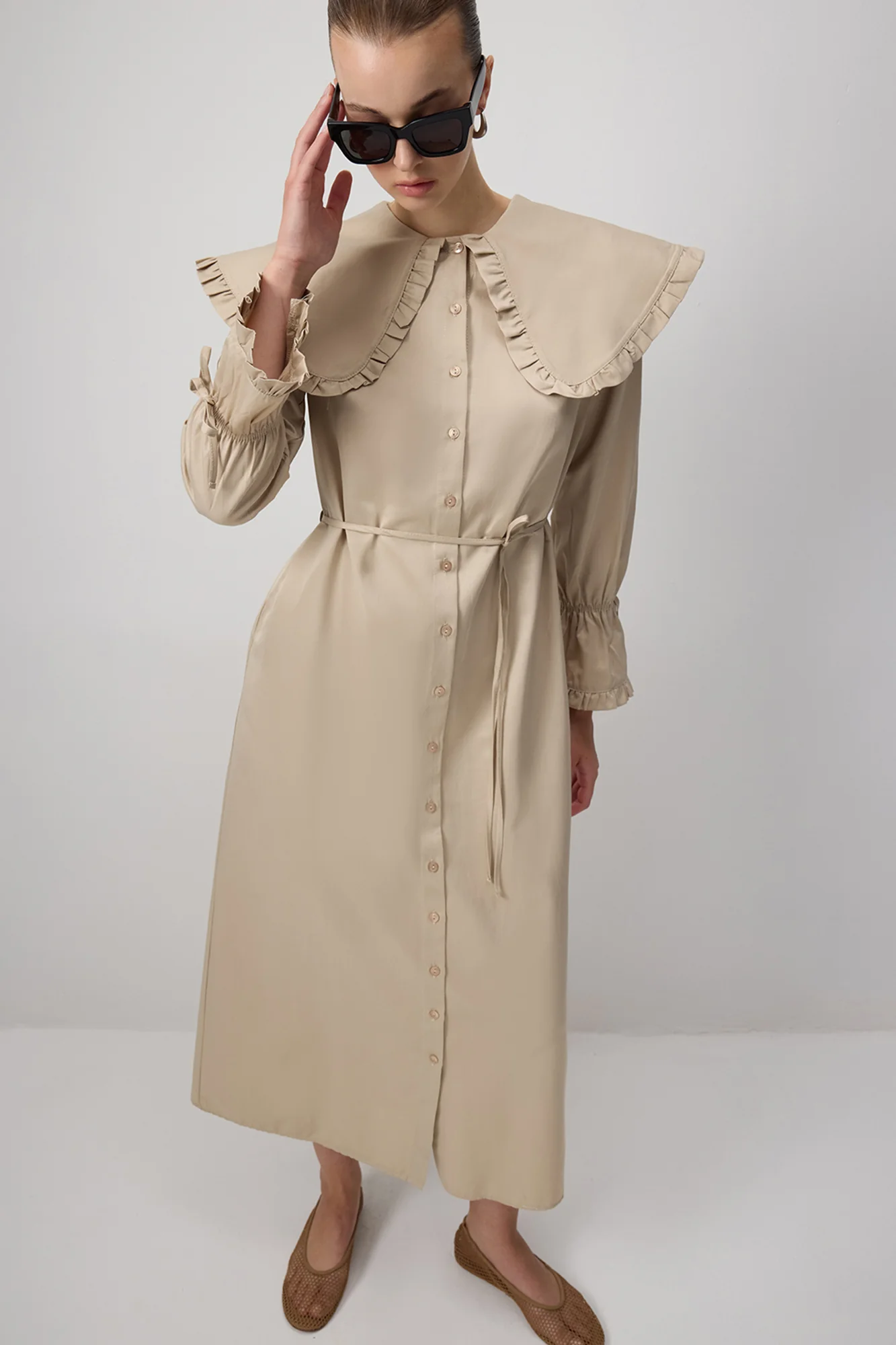 RUFFLED WIDE COLLAR SHIRT DRESS