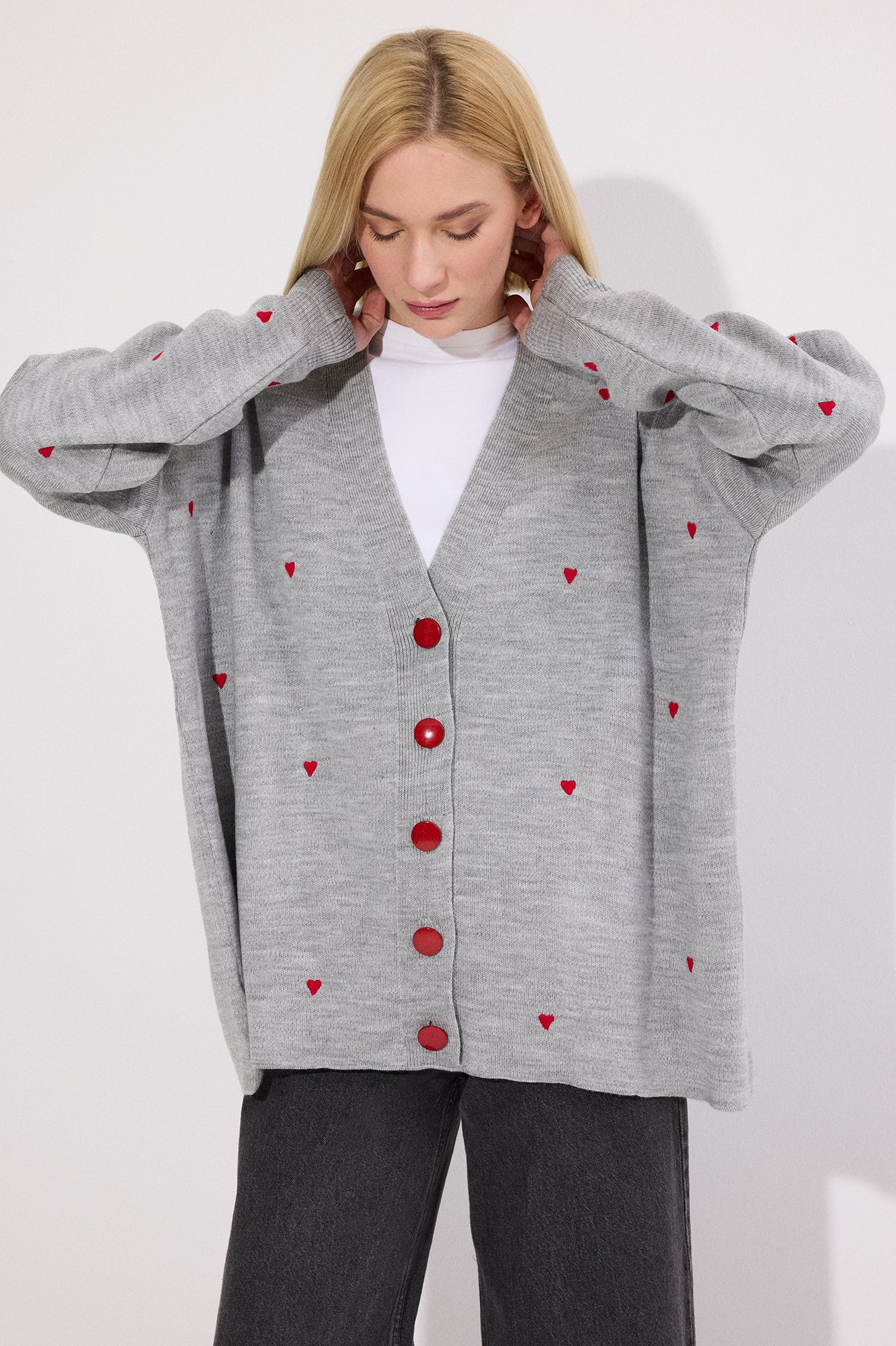 HEART PATTERNED KNIT CARDIGAN