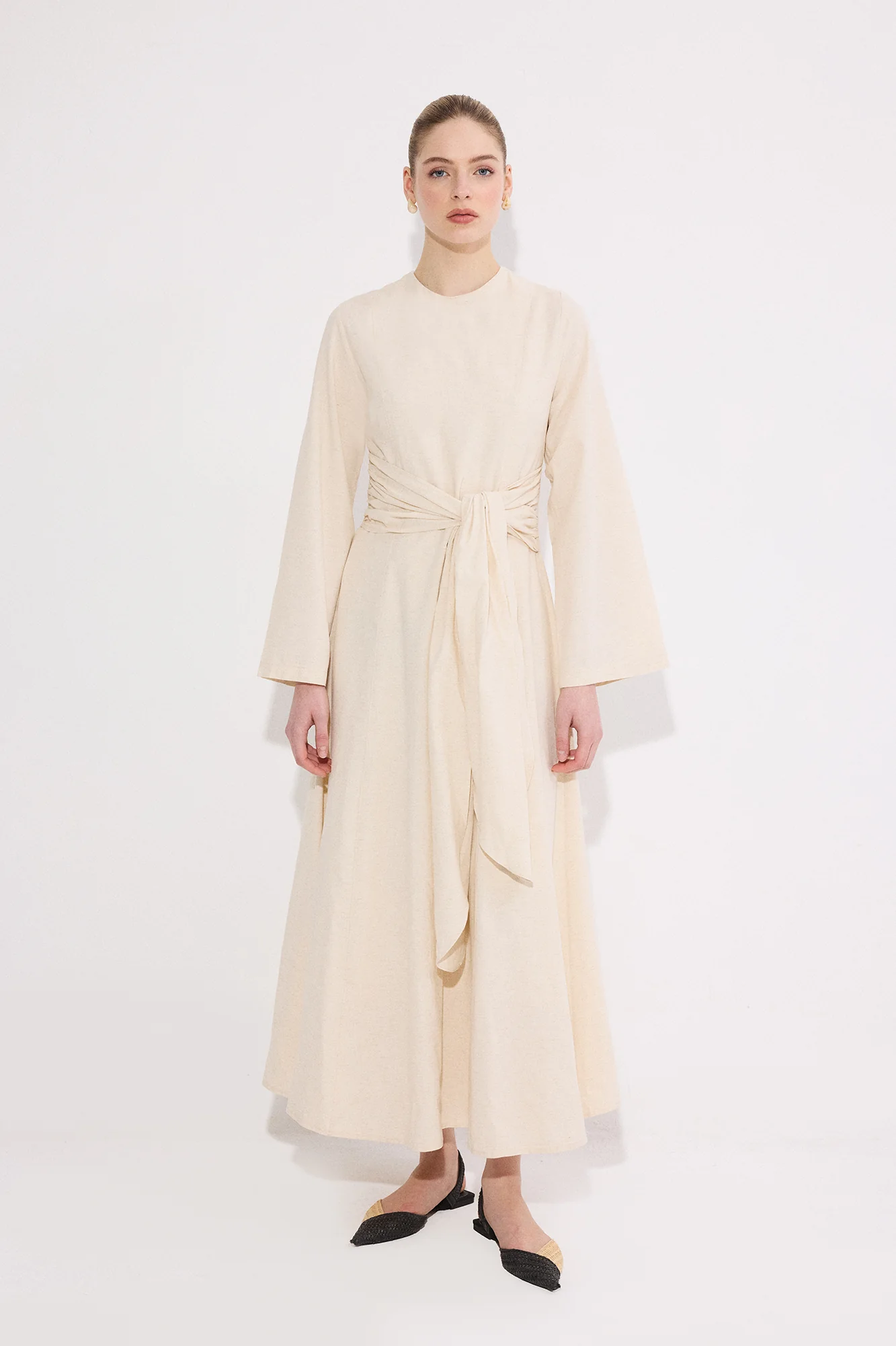 NATURAL TEXTURED BELT DETAILED DRESS - Image 3