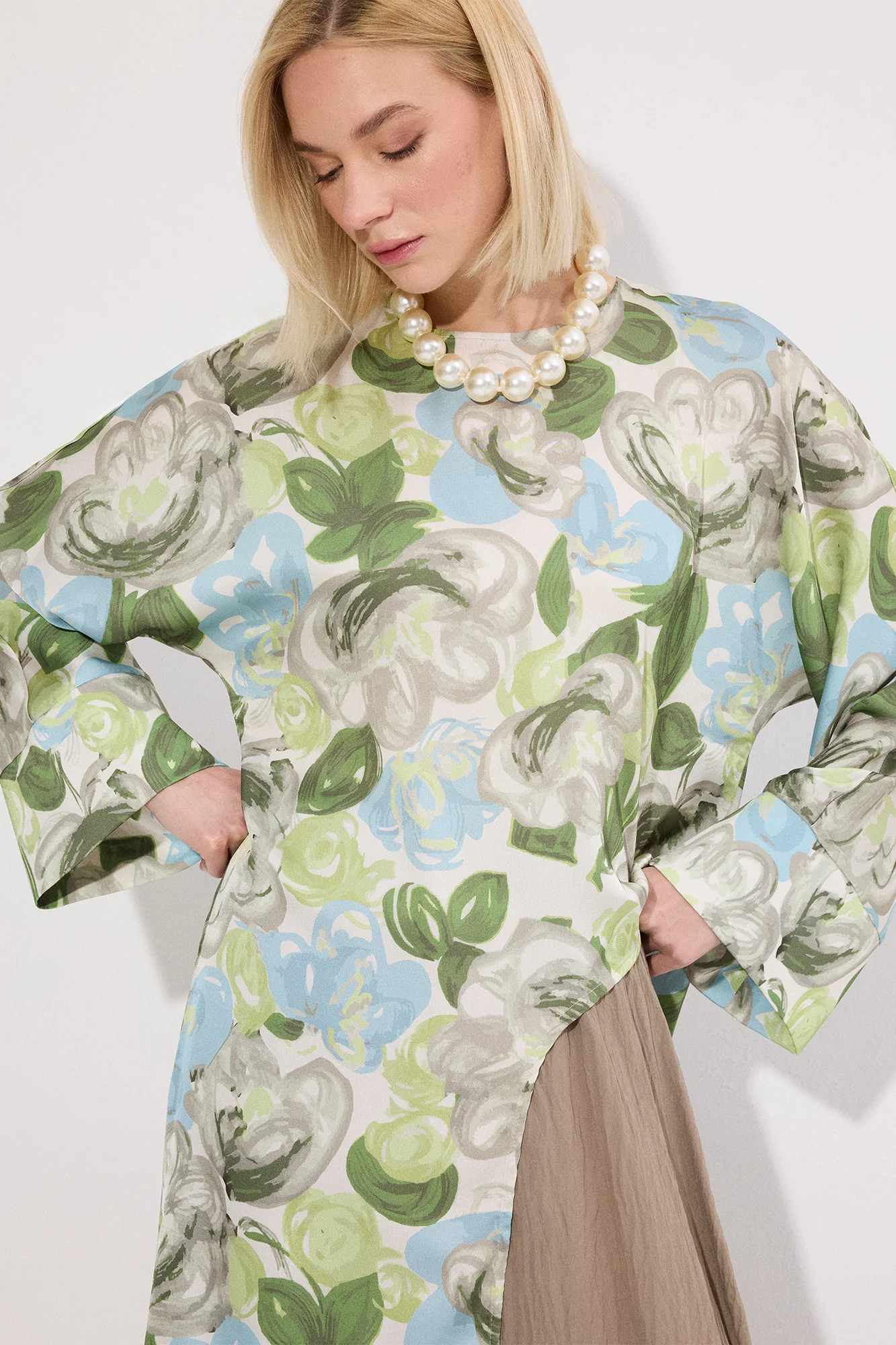 LONG SATIN TUNIC WITH FRONT SLIT