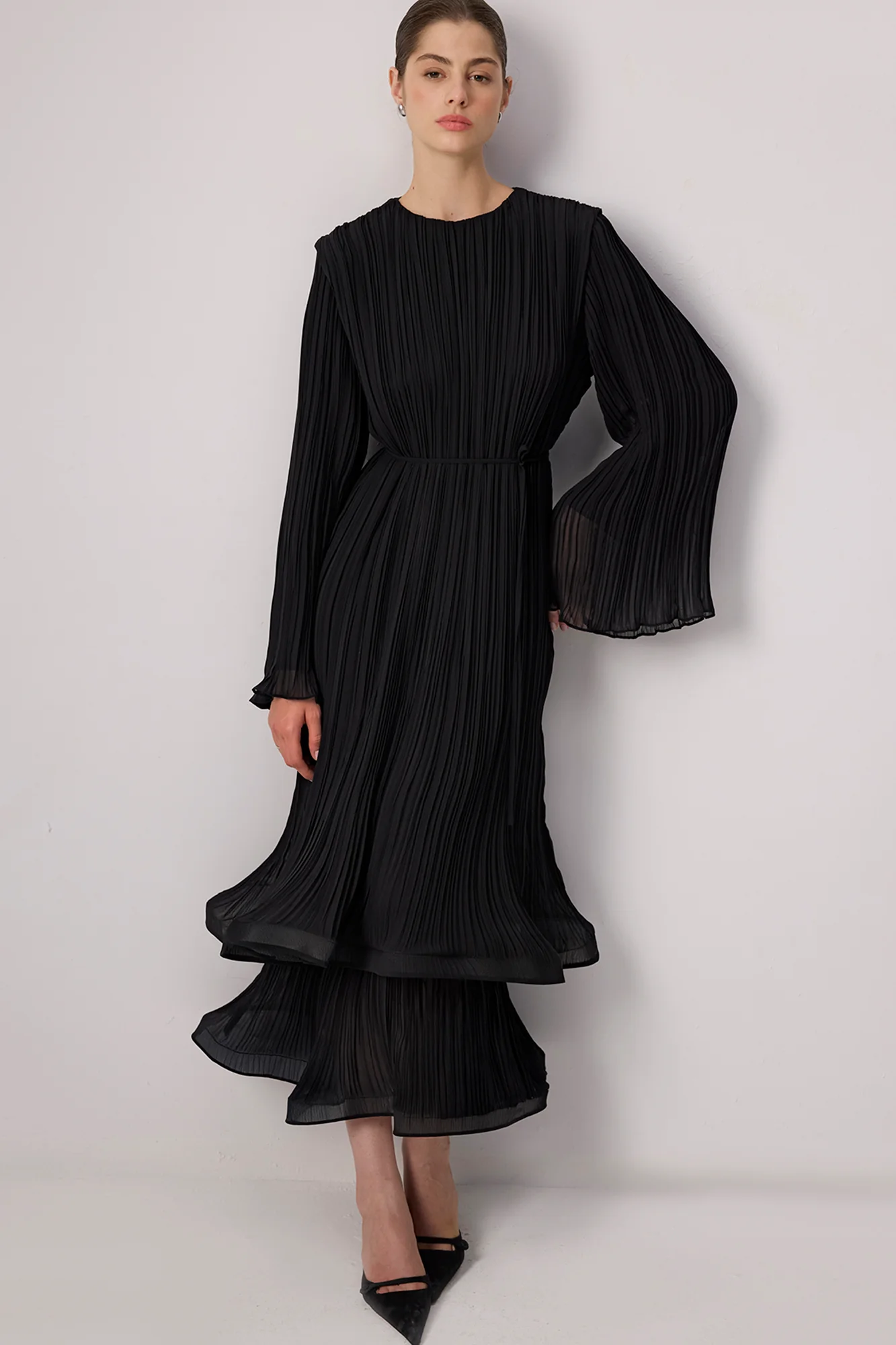 PLEATED CHIFFON DRESS WITH BINDING BELT - Image 2